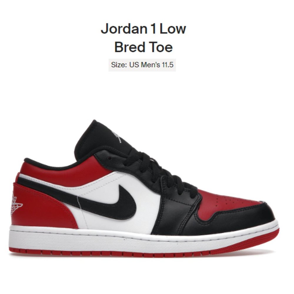SIZE 11.5 - Nike Air Jordan 1 Low Bred Toe - 553558-612 - AUTHENTIC NEW!!
